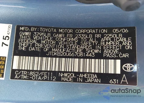 2006 Toyota Prius from USA, damaged, VIN JTDKB20U667081443